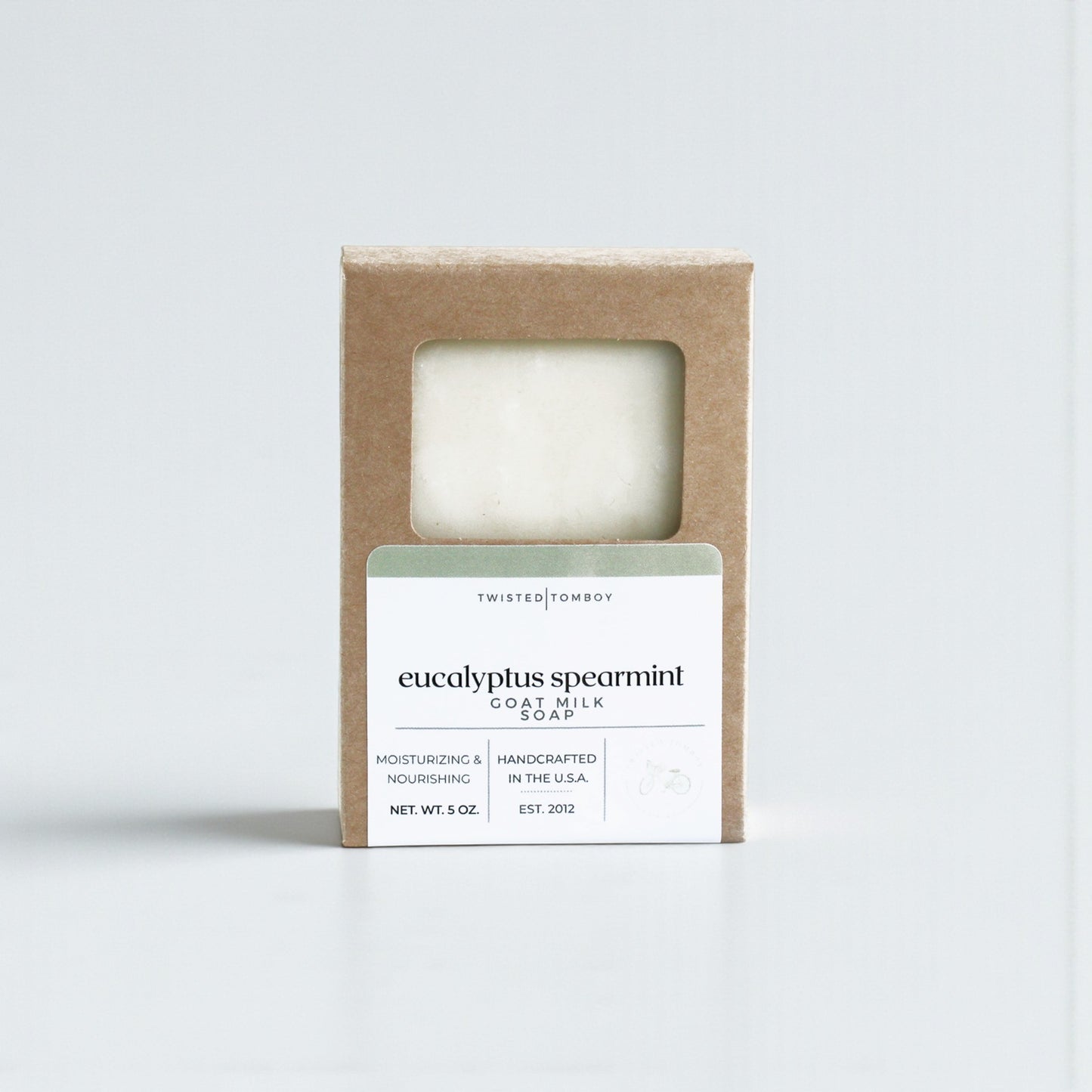 Eucalyptus Spearmint Soap in a cardboard box with a label on a white background
