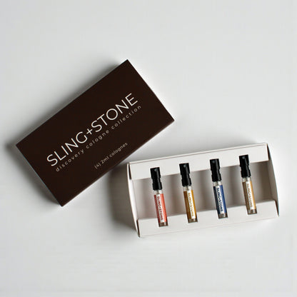 SLING+STONE discovery cologne set – product packaging flat lay on white background