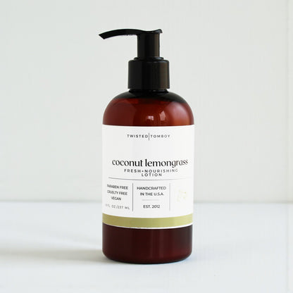 Coconut lemongrass lotion bottle with pump on a white background