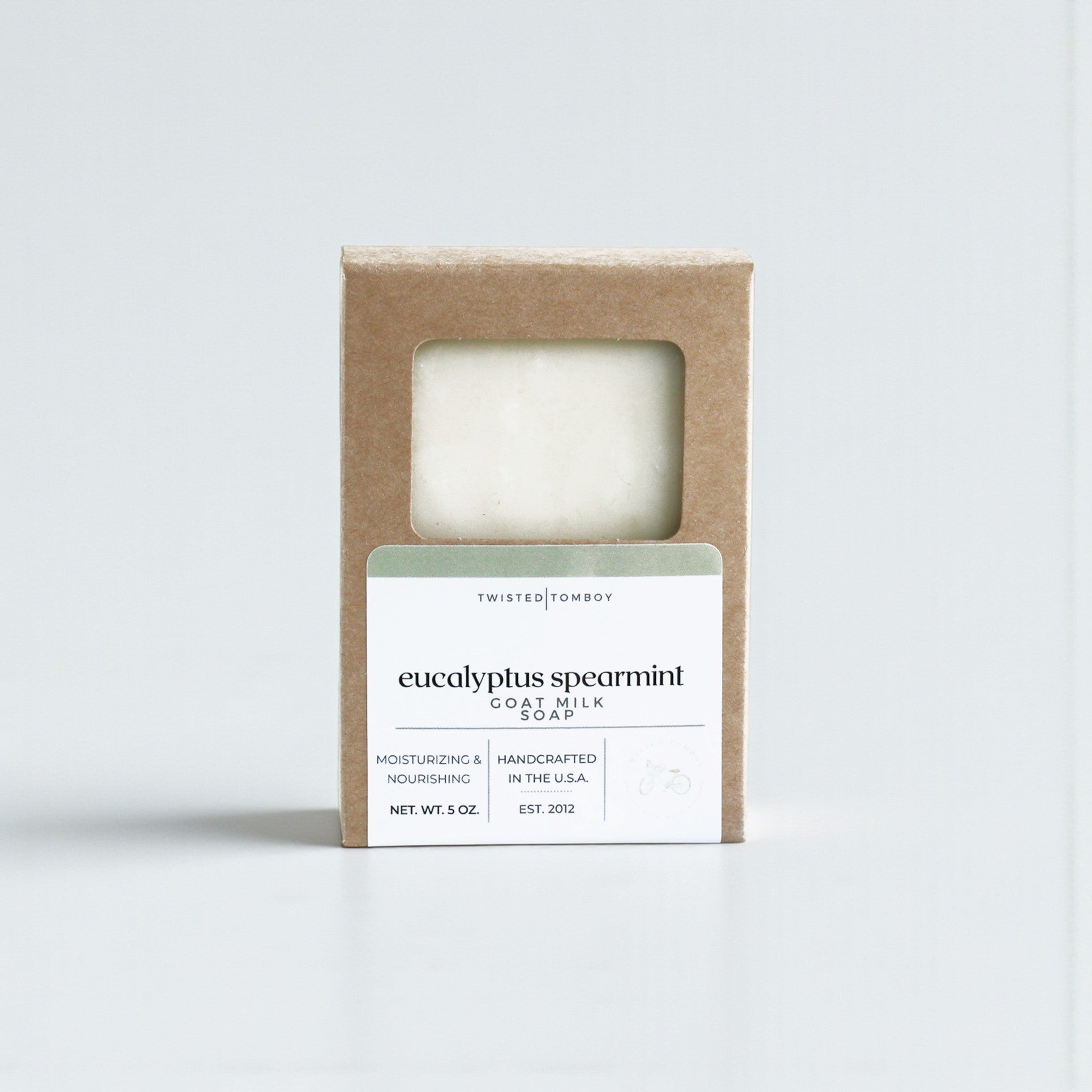 Eucalyptus Spearmint Soap in a cardboard box with a label on a white background