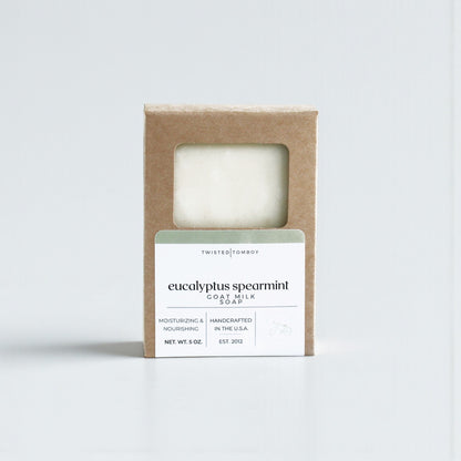 Eucalyptus Spearmint Soap in a cardboard box with a label on a white background