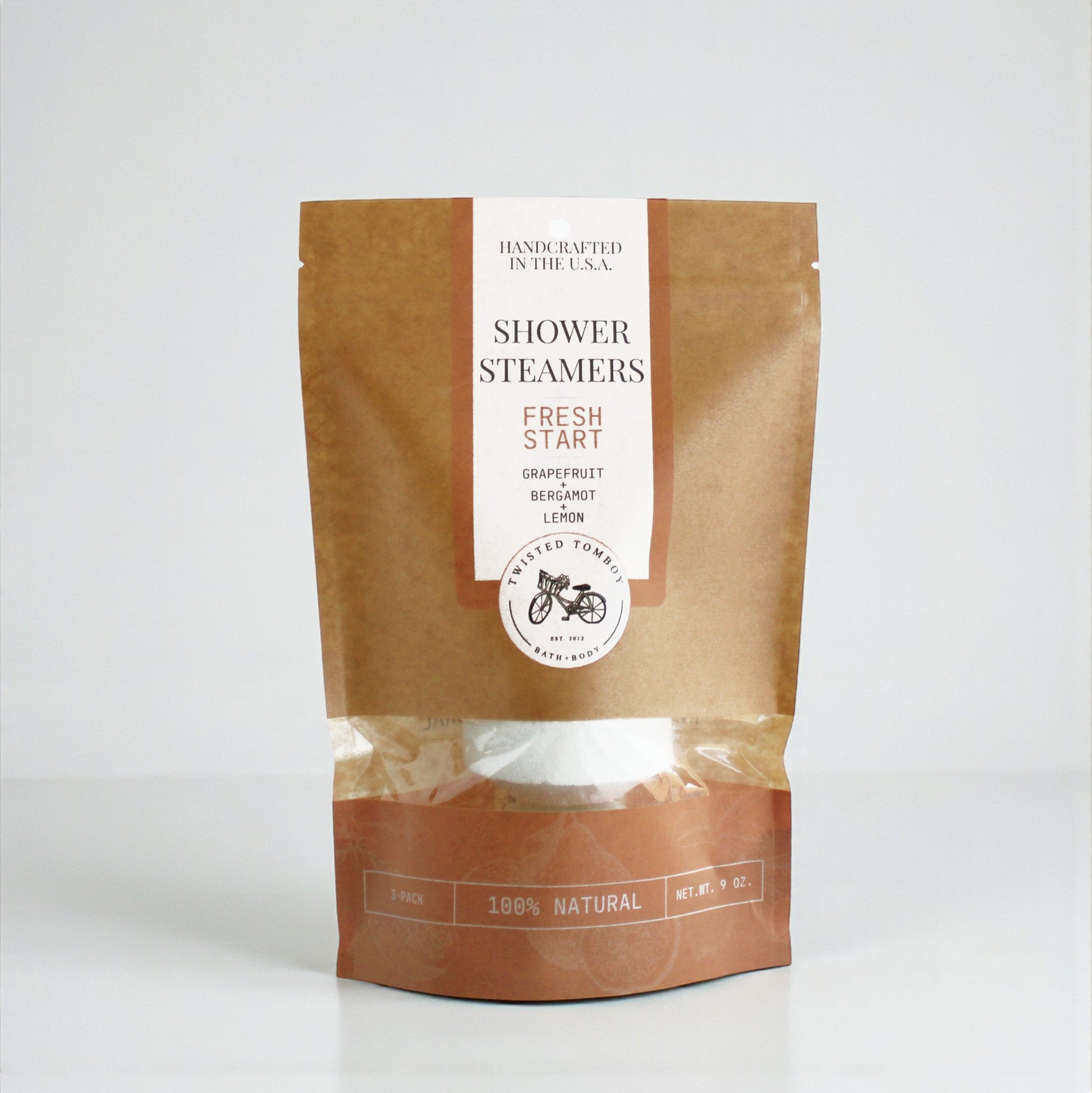 Package of shower steamers labeled 'Fresh Start' with a brown and white design on a white background.