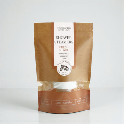 Package of shower steamers labeled 'Fresh Start' with a brown and white design on a white background.