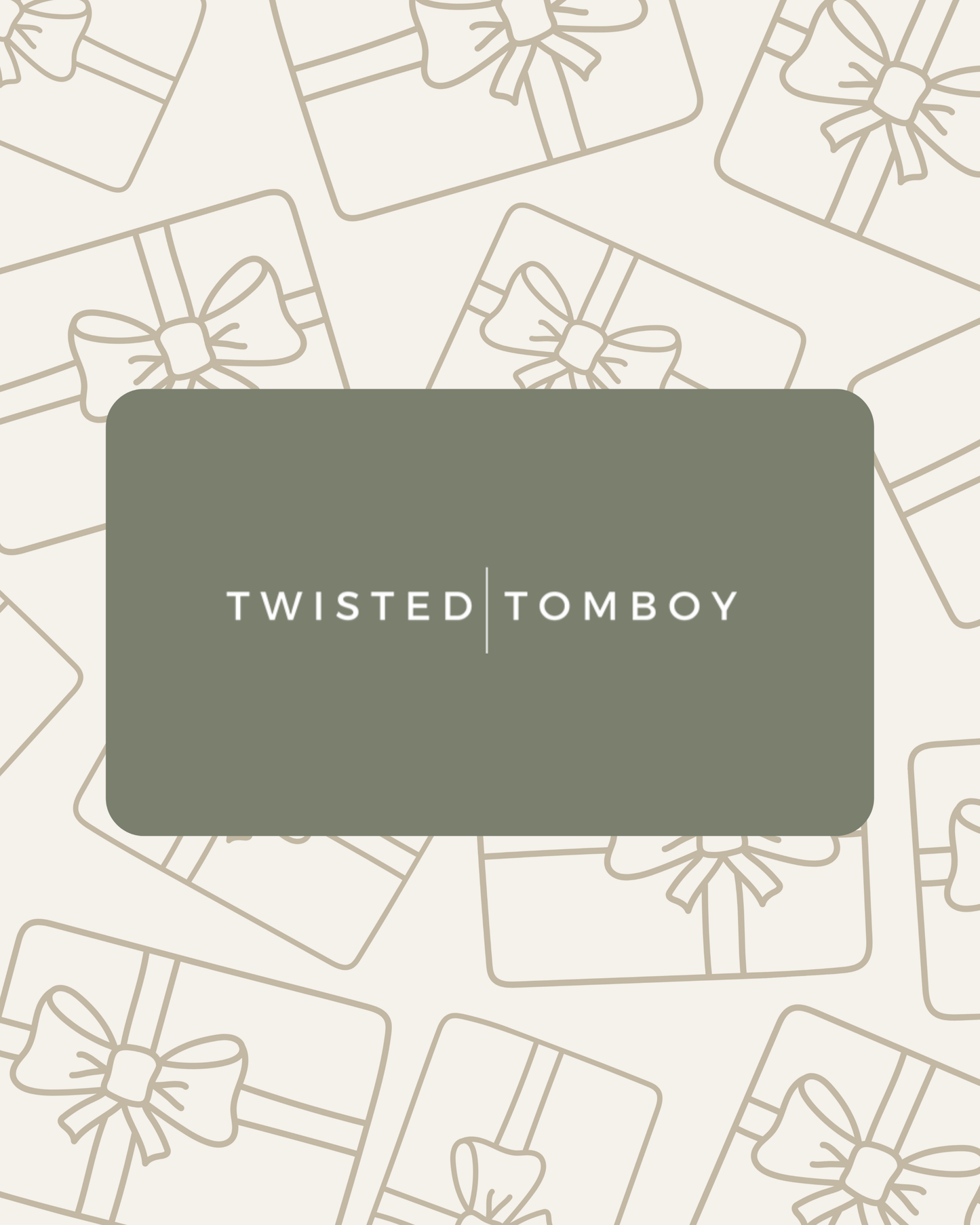 Gift card with 'Twisted Tomboy' logo on a patterned background