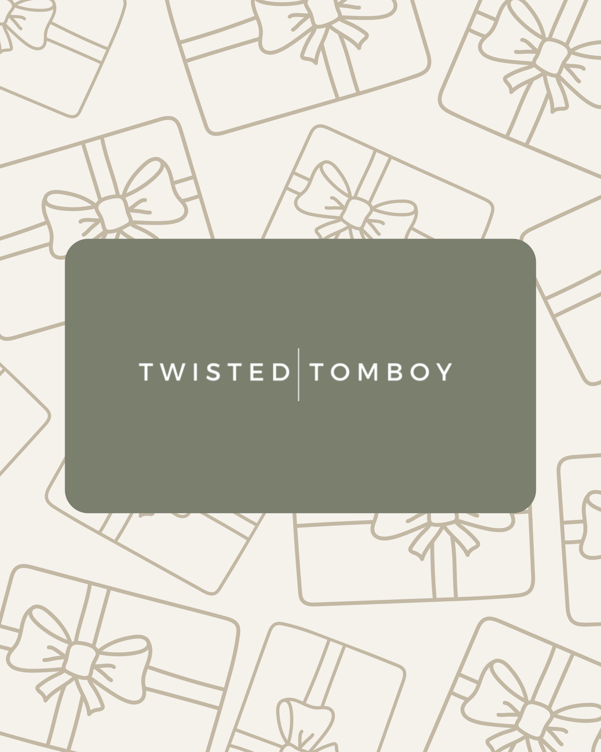 Gift card with 'Twisted Tomboy' logo on a patterned background