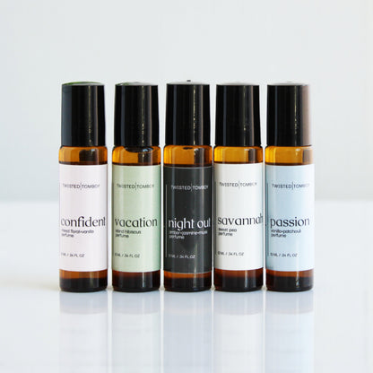 Five small bottles of Twisted Tomboy products on a white background