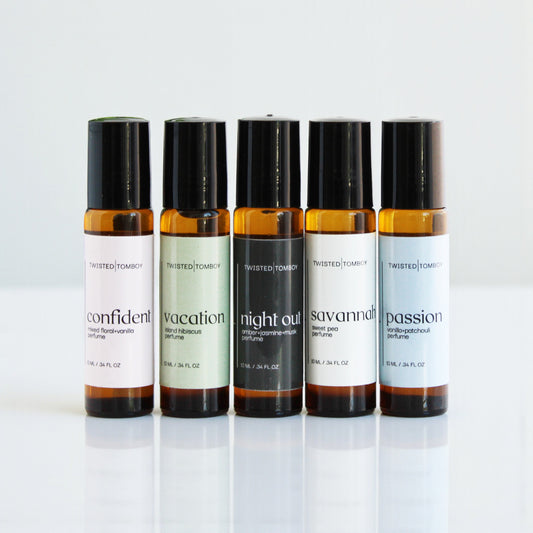 Five small bottles of Twisted Tomboy products on a white background