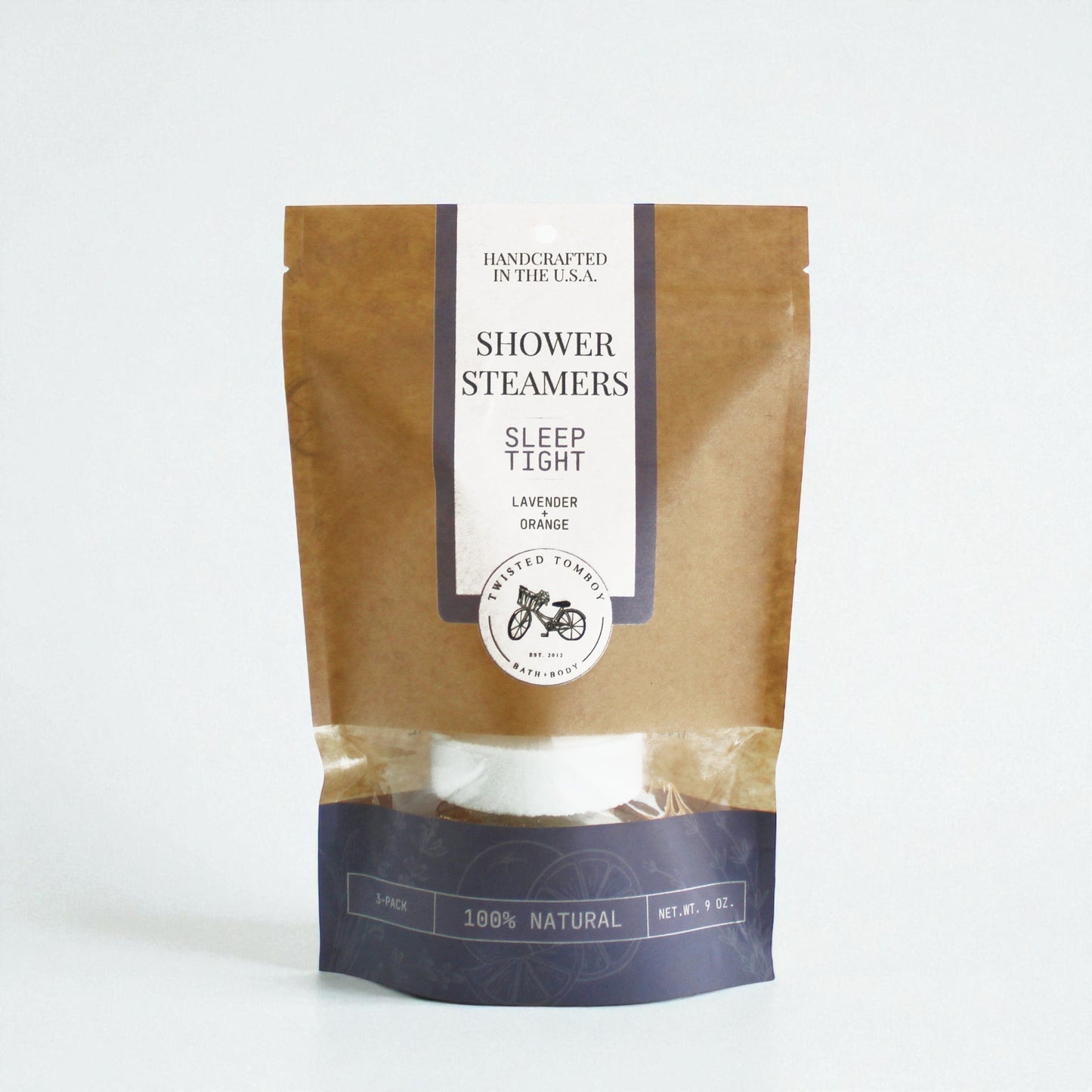 Package of shower steamers labeled 'Sleep Tight' with a brown and white design on a white background.