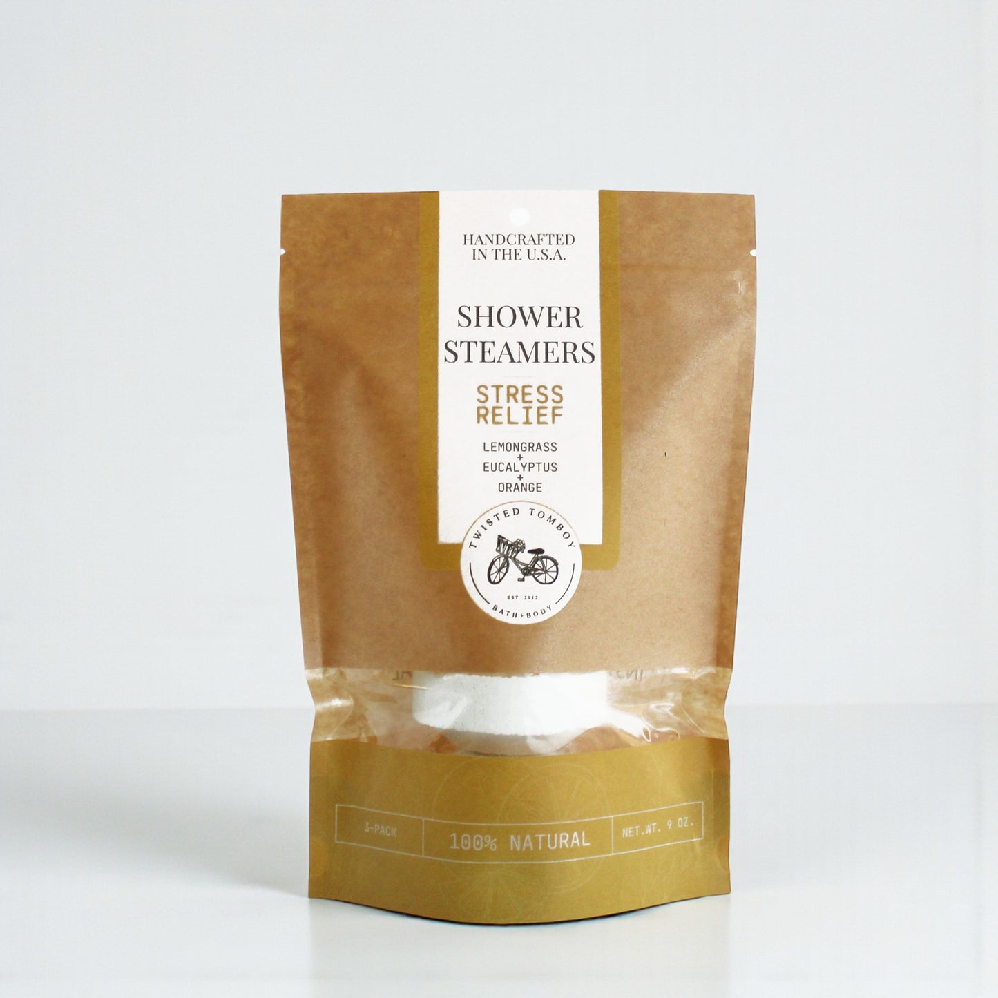 Package of shower steamers labeled 'Stress Relief' with a brown and white design on a white background.