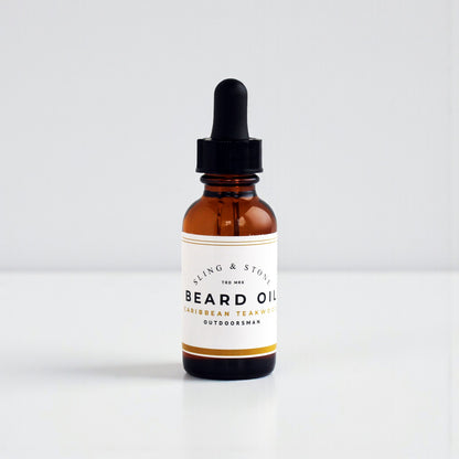 FOR HIM | BEARD OIL | 5-OIL BLEND in amber glass bottle, featuring Caribbean Teakwood scent.