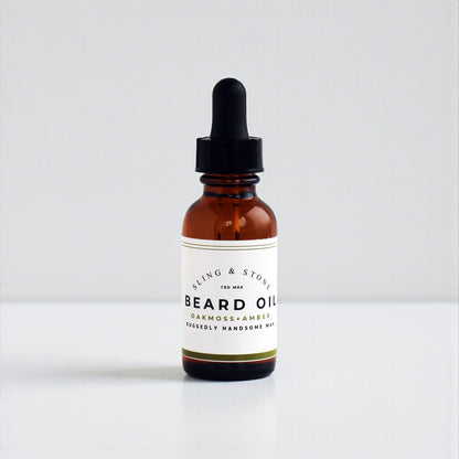 BEARD OIL | 5-oil blend in amber glass bottle with oakmoss and amber scent for a ruggedly handsome mix.