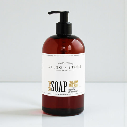 FOR HIM BODY WASH LIQUID SOAP in a dark amber bottle with a pump, featuring Caribbean Teakwood scent.