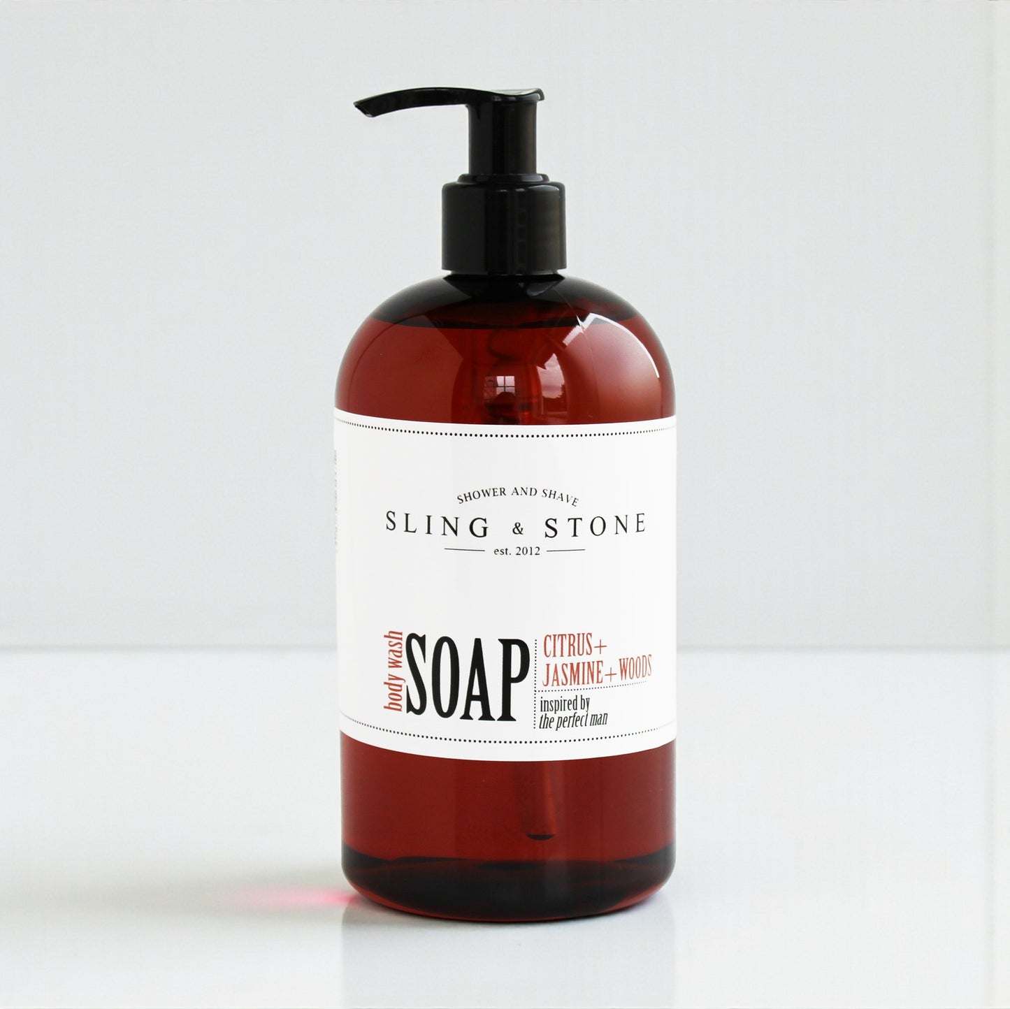 FOR HIM | BODY WASH LIQUID SOAP in amber bottle with citrus, jasmine, and woods scent. Perfect for the modern man.