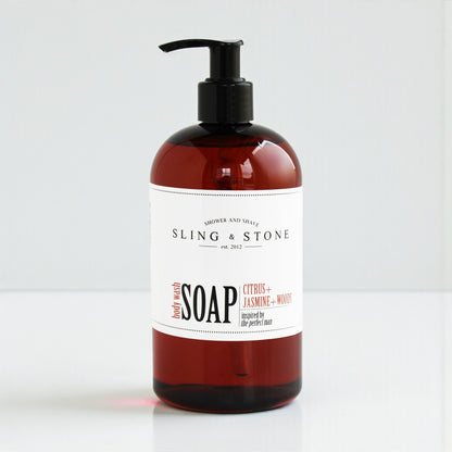FOR HIM | BODY WASH LIQUID SOAP in amber bottle with citrus, jasmine, and woods scent. Perfect for the modern man.