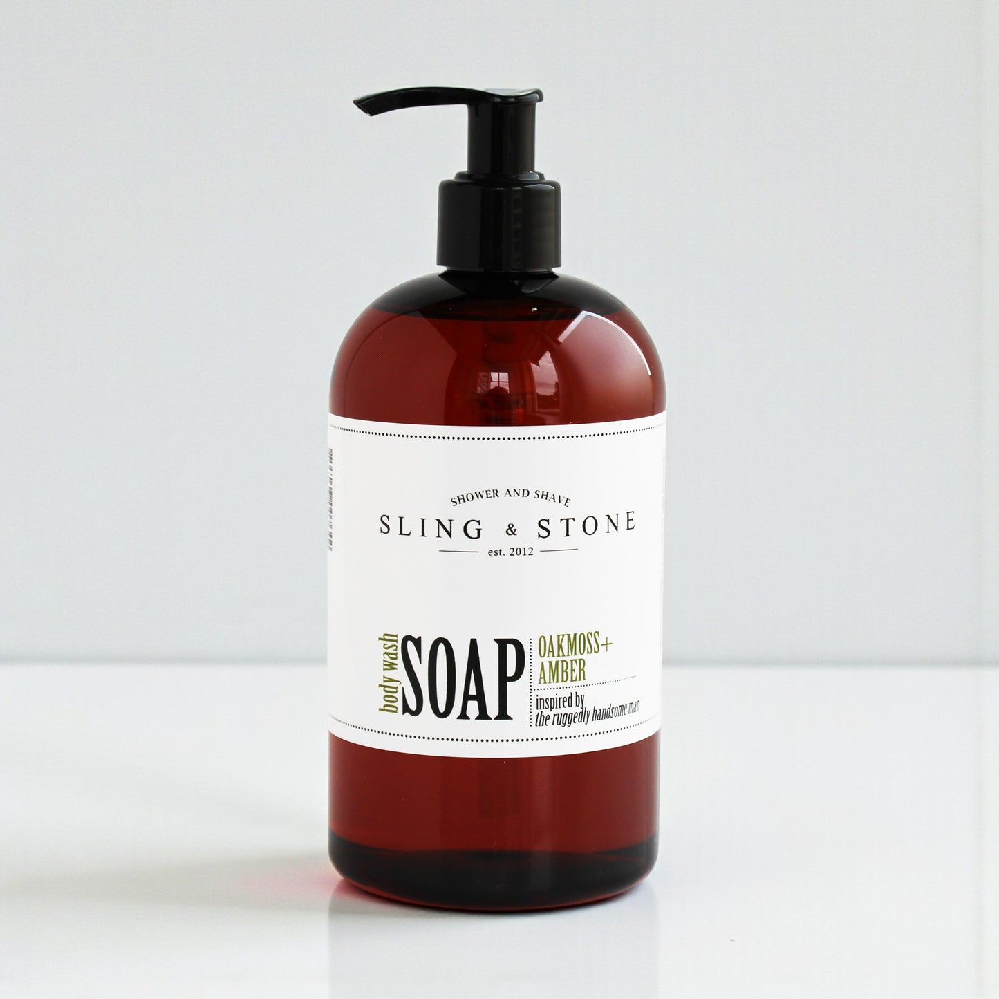 FOR HIM | BODY WASH LIQUID SOAP in amber bottle with oakmoss and amber scent, perfect for a refreshing shower experience.