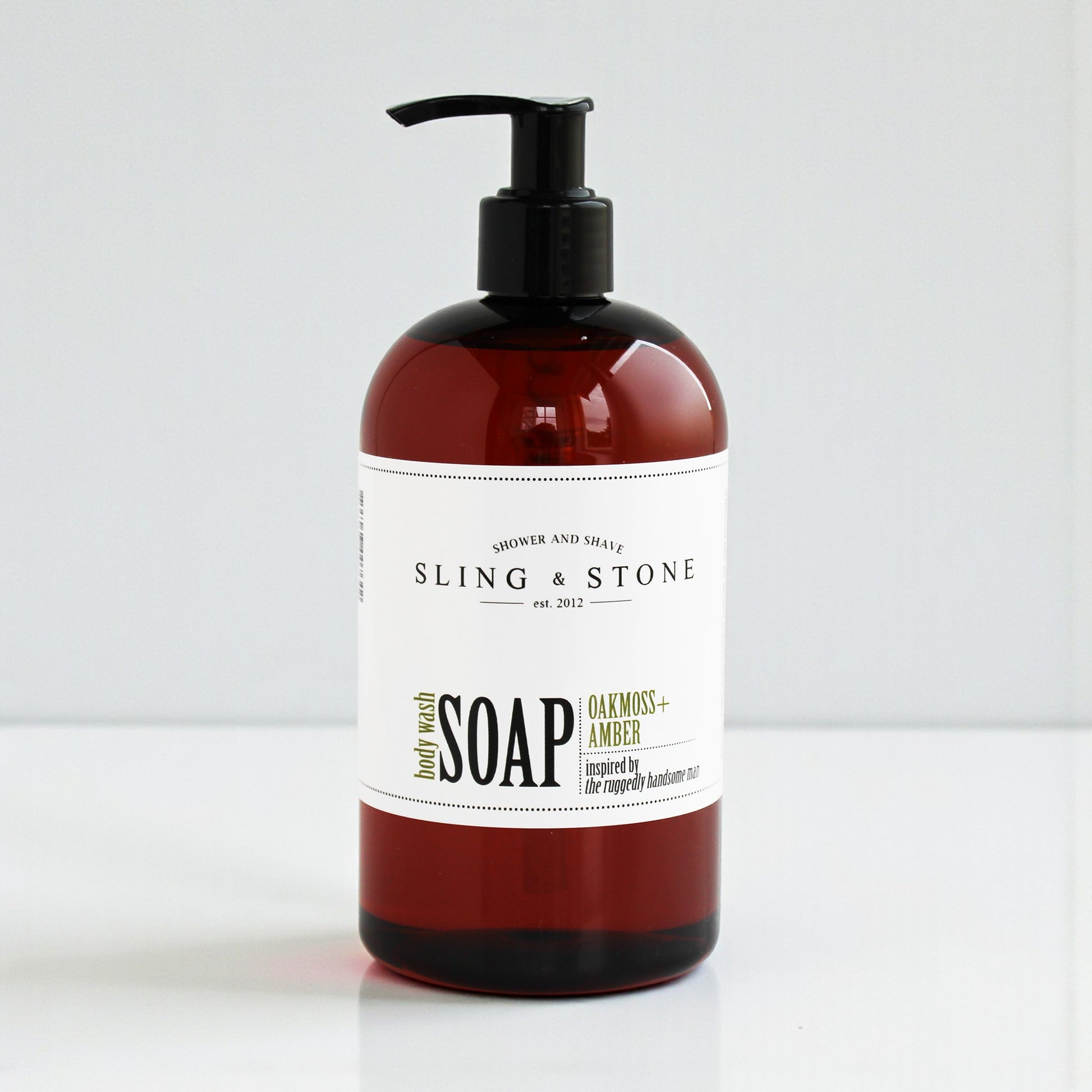 FOR HIM | BODY WASH LIQUID SOAP in amber bottle with oakmoss and amber scent, perfect for a refreshing shower experience.