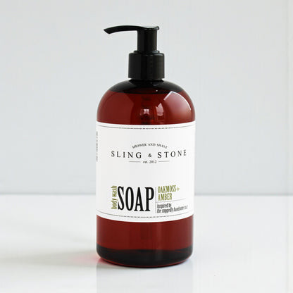 FOR HIM | BODY WASH LIQUID SOAP in amber bottle with oakmoss and amber scent, perfect for a refreshing shower experience.