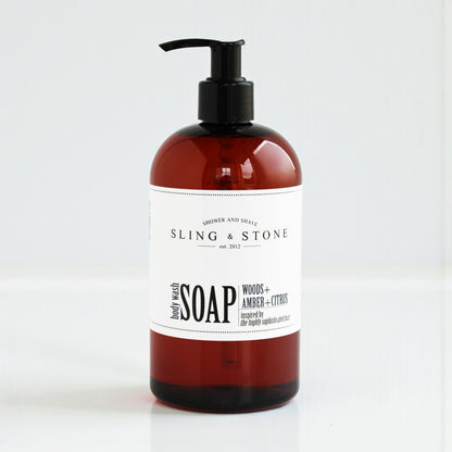 FOR HIM | BODY WASH LIQUID SOAP in amber bottle with pump, featuring new scents of woods, amber, and citrus.