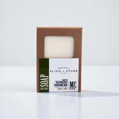 FOR HIM handcrafted goat milk bar soap in eco-friendly packaging, inspired by the ruggedly handsome man.