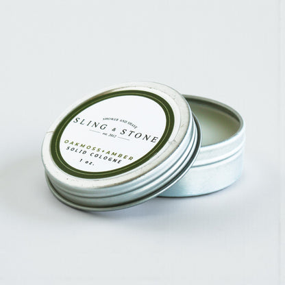 Oakmoss+Amber solid tin cologne