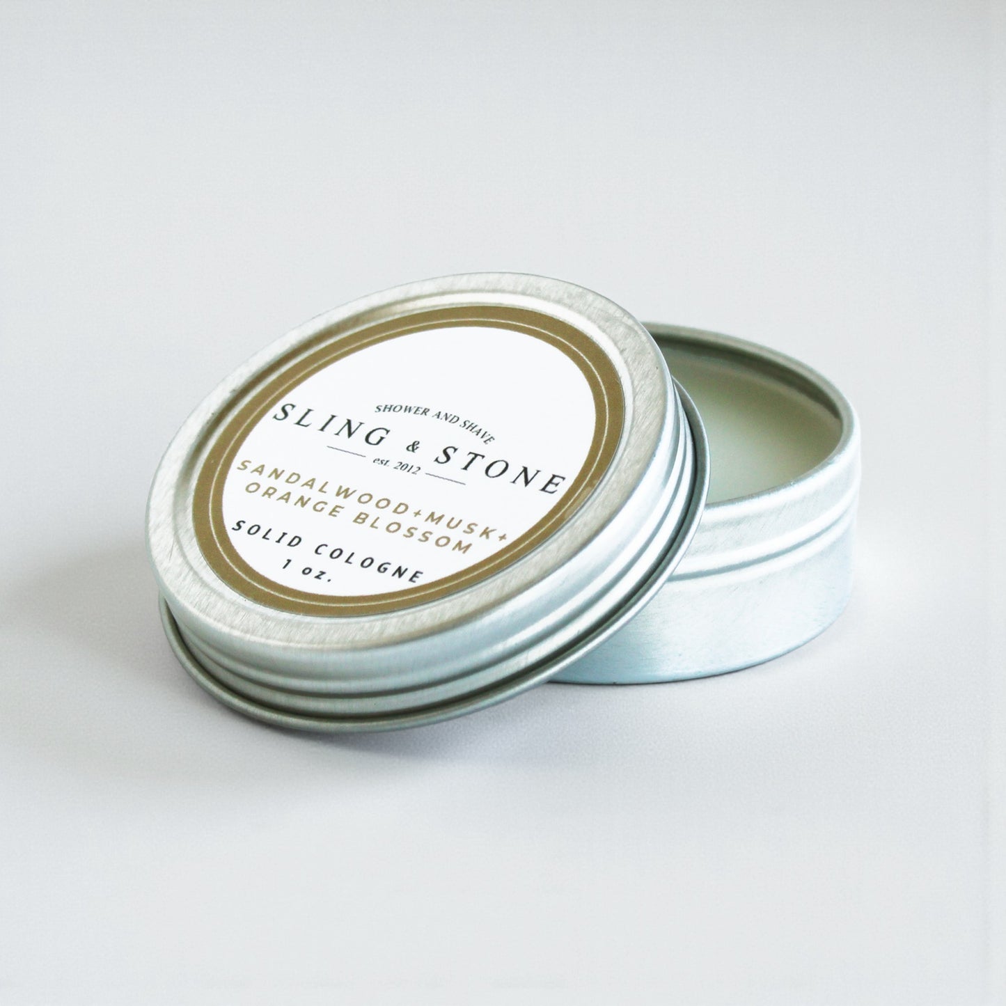 Solid Cologne Tin Open Sandalwood+Musk+Orange Blossom