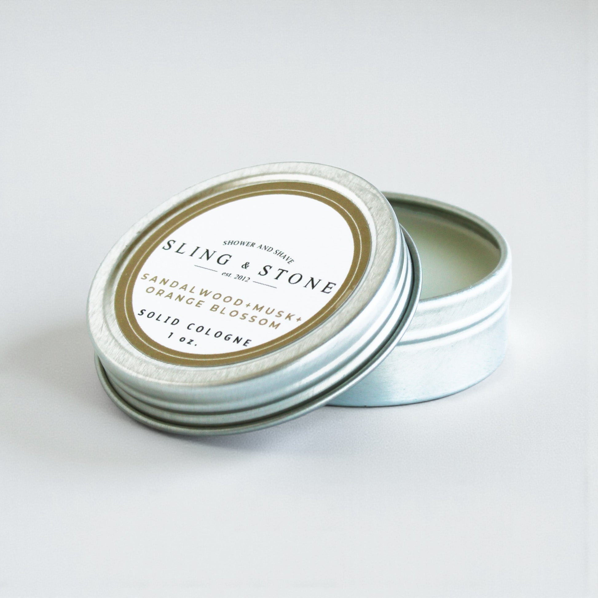 Solid Cologne Tin Open Sandalwood+Musk+Orange Blossom