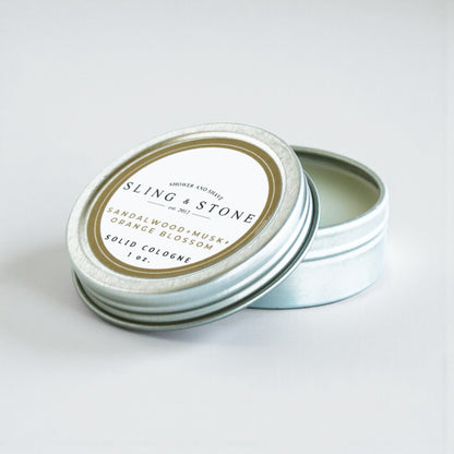 Solid Cologne Tin Open Sandalwood+Musk+Orange Blossom