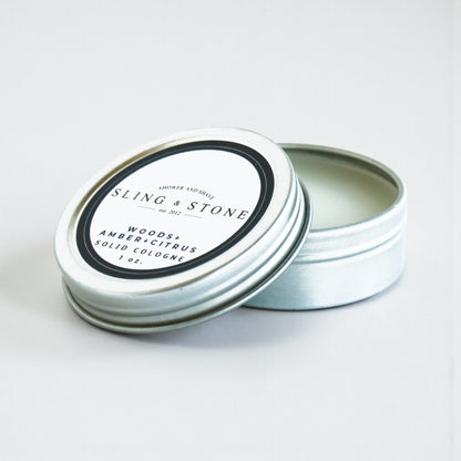 Woods+Amber+Citrus solid cologne open top